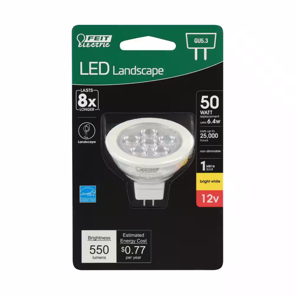 Feit Electric 50-Watt Equivalent MR16 GU5.3 Bi-Pin CEC 12-Volt Landscape Garden LED Light Bulb, Bright White