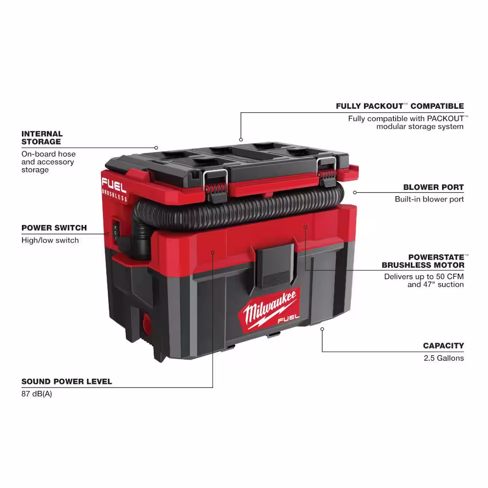 Milwaukee M18 FUEL PACKOUT 18-Volt Lithium-Ion Cordless 2.5 Gal. Wet/Dry Vacuum with M18 FUEL 4-1/2 in. Grinder