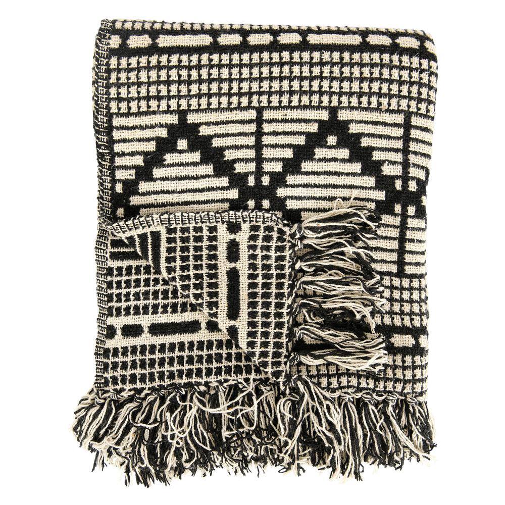 Storied Home Black and Beige Woven Cotton Blend Throw Blanket with Fringe