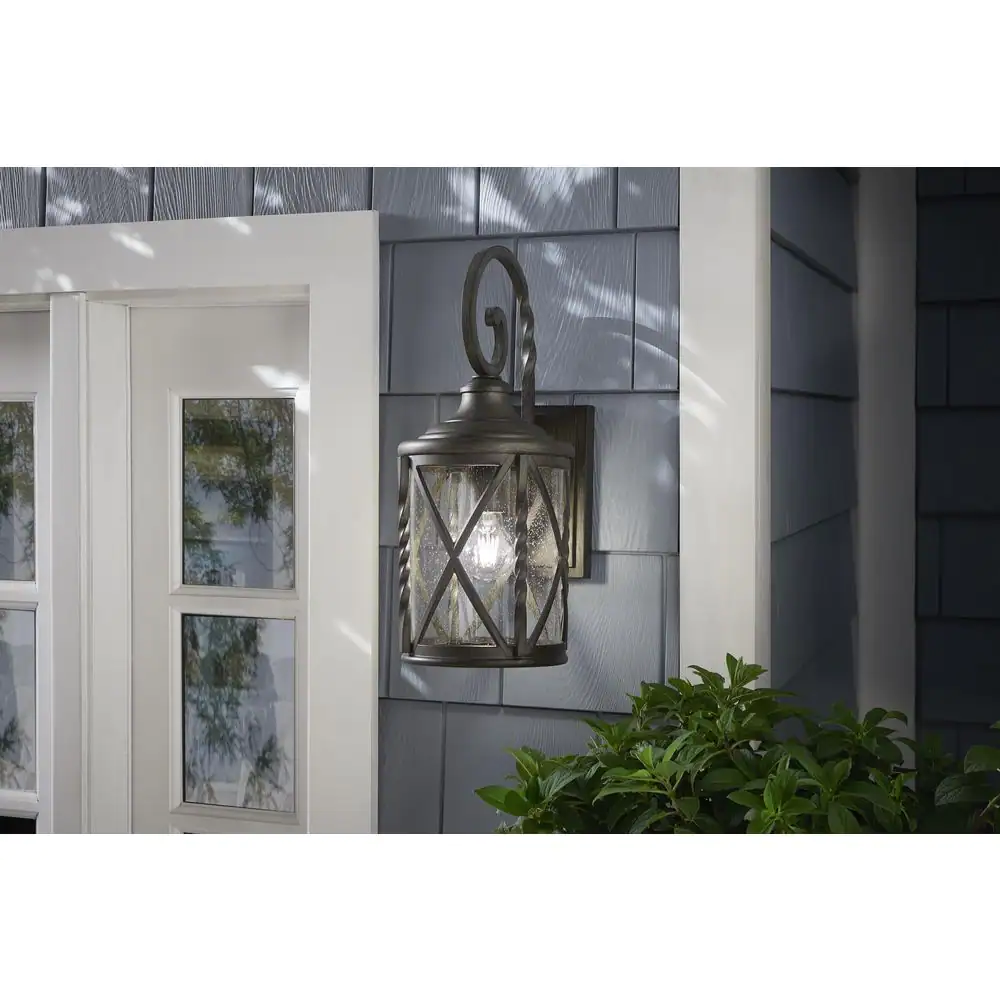 Home Decorators Collection Walcott Manor 18.7 in. 1-Light Antique Bronze Hardwired Outdoor Transitional Wall Lantern Sconce with Clear Seeded Glass