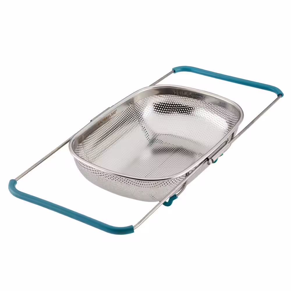 Rachael Ray Tools and Gadgets 4.5 qt. Stainless Steel Over-The-Sink Colander, Agave Blue Handles