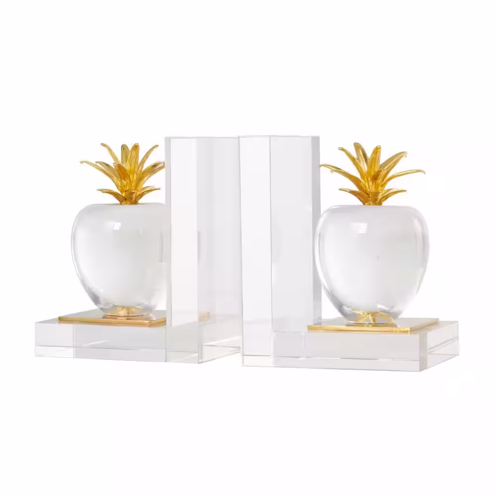 Litton Lane Clear Crystal Apple Fruit Bookends with Gold Leaves (Set of 2)