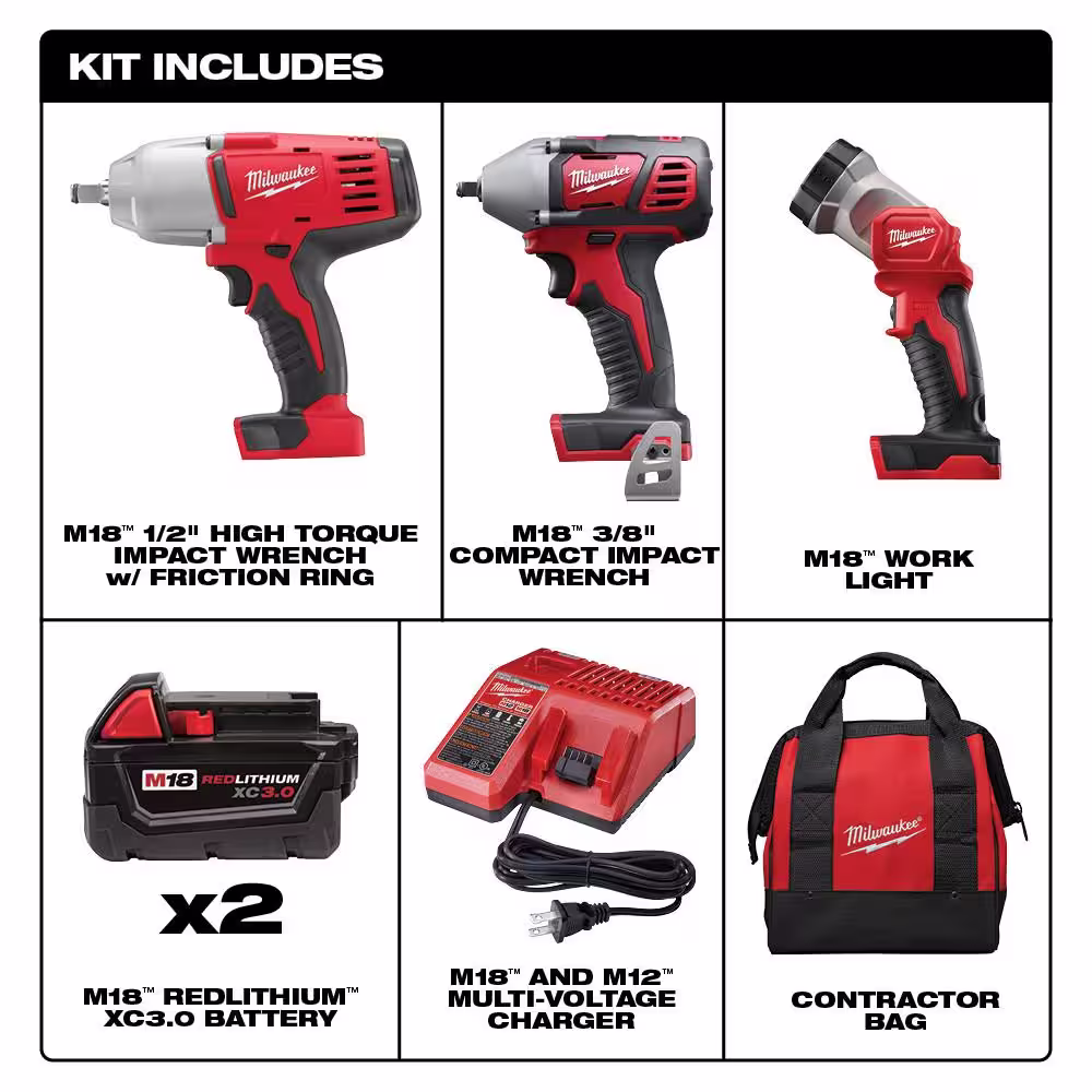 Milwaukee M18 18V Lithium-Ion Cordless Combo Tool Kit (3-Tool) with (2) 3.0 Ah Batteries, (1) Charger, (1) Tool Bag