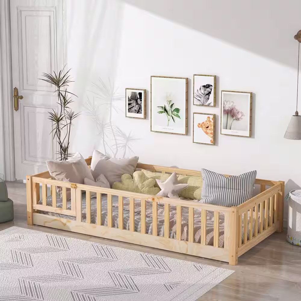 wetiny Beige Wood Frame Twin Platform Bed with Fence and Door