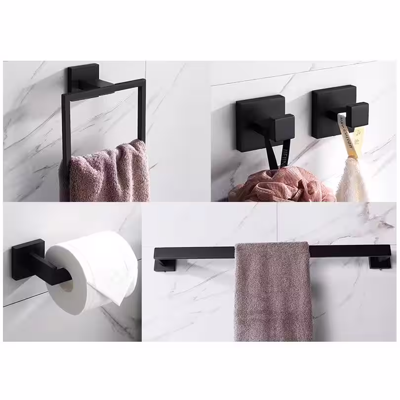 None 5-Piece Bath Hardware Set Bathroom Accessories Set with Toilet Paper Holder, Hooks, Towel Rack in Matte Black