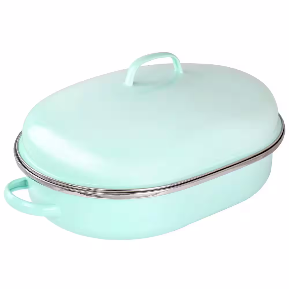 None 18 in. 8 qt. Martha Blue Enamel on Steel Oval Roasting Pan with Rack and Lid