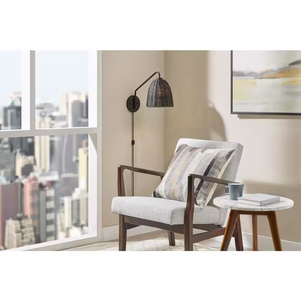 Hampton Bay Highler 1-Light Matte Black Wall Sconce with Black Rattan Shade