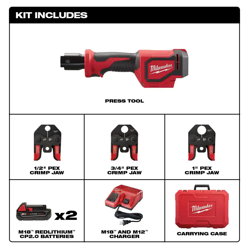 Milwaukee M18 18V Lithium-Ion Cordless Short Throw Press Tool Kit with 3 PEX Crimp Jaws (2) 2.0 Ah Batteries and Charger