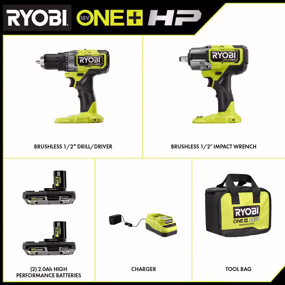 RYOBI ONE+ HP 18V Brushless Cordless 2-Tool Combo Kit with Drill/Driver, Impact Wrench, Batteries, Charger, and Bag