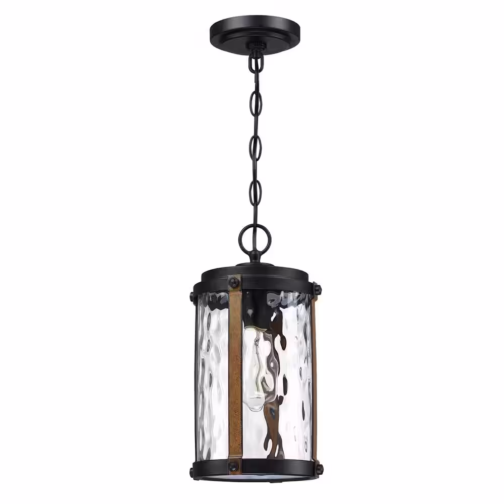 Hukoro Alfa 1-Light Matte Black and Barnwood Accents Outdoor Hanging Lantern Pendant Light with Water Glass Shade