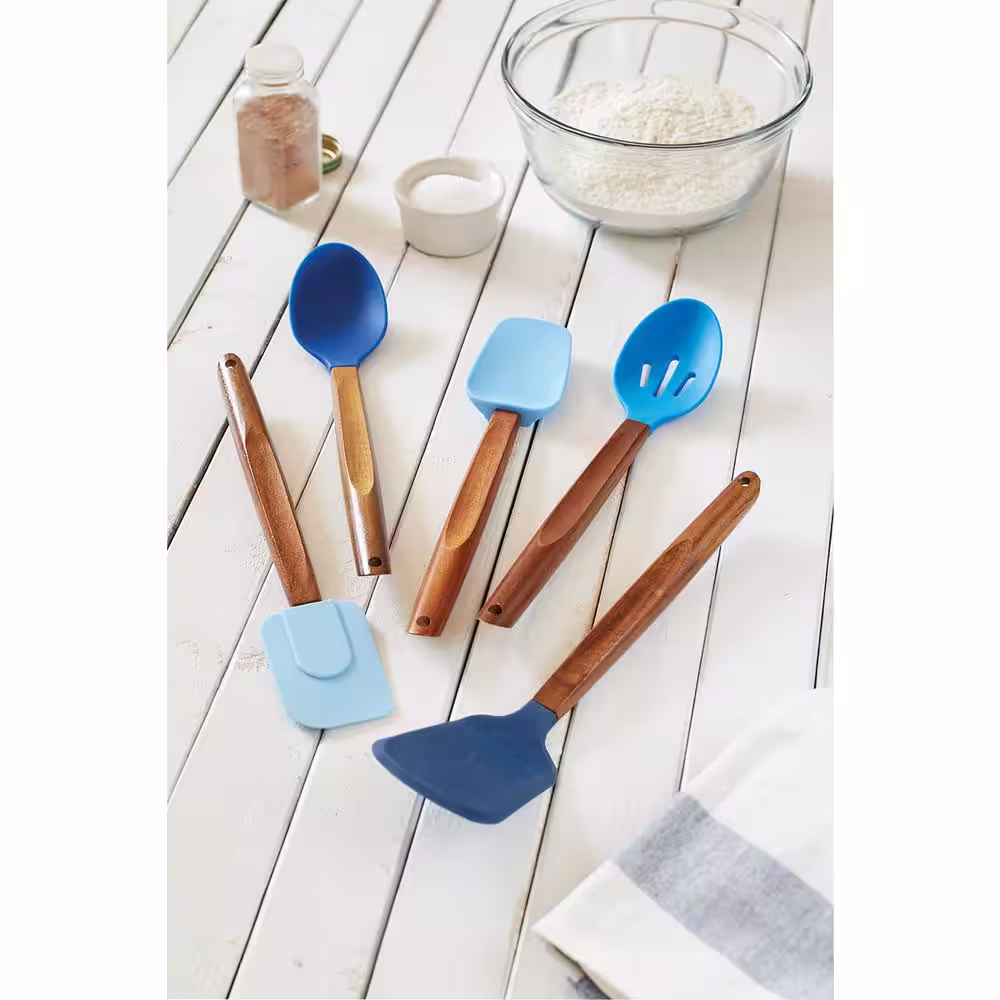 Fox Run Silicone Cooking Utensil Set, 5-Pieces, Blue, Wooden Handles