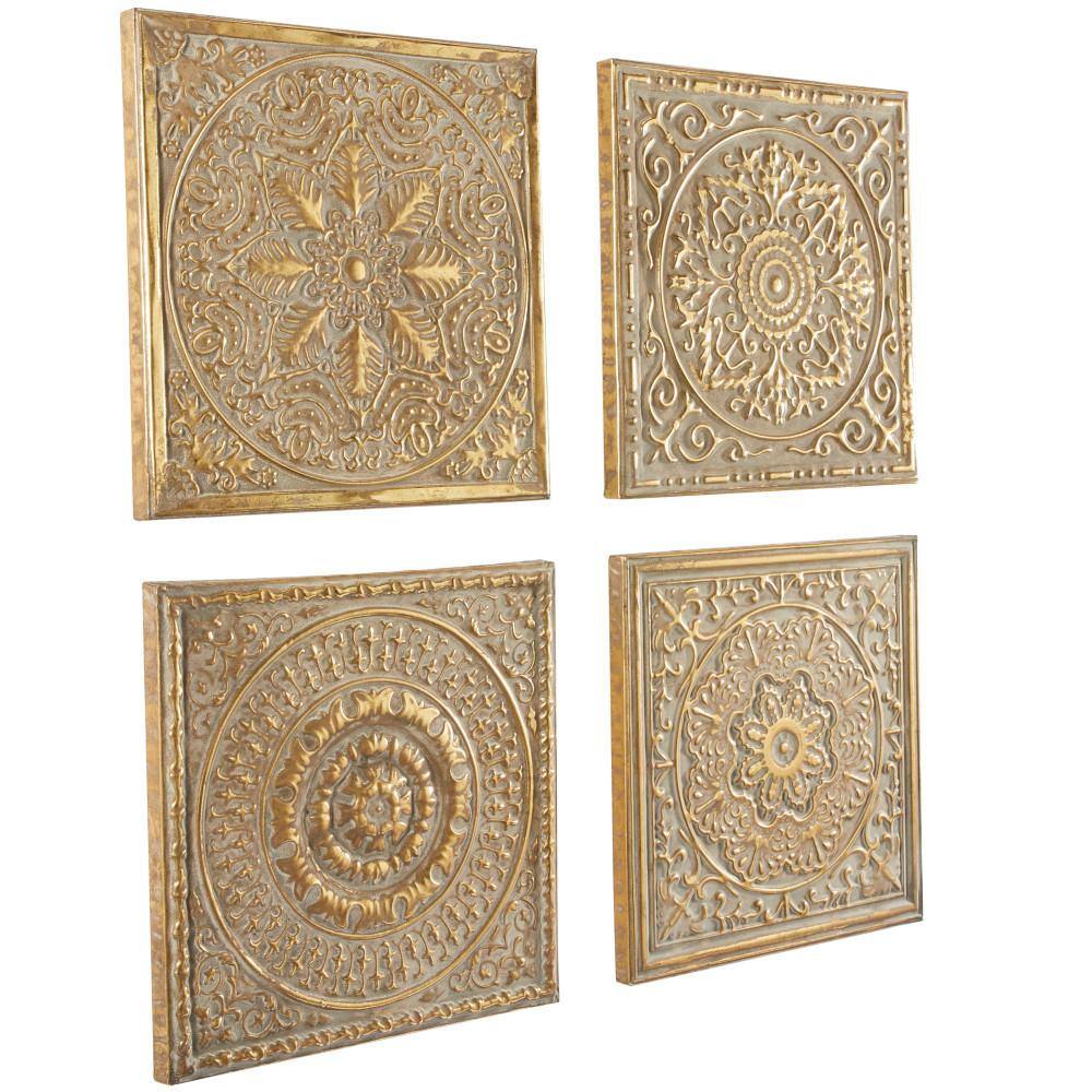 Litton Lane Metal Gold Scroll Wall Decor with Embossed Details (Set of 4)