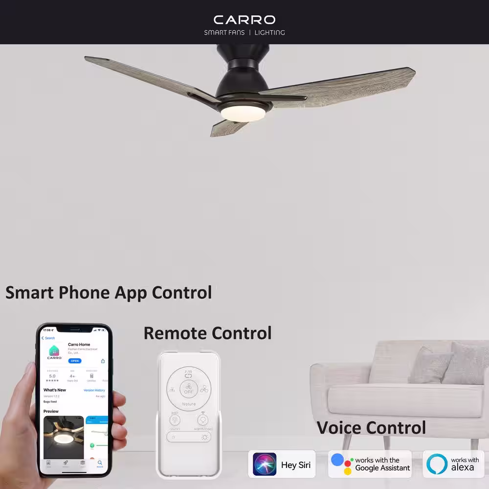CARRO Tilbury 48 in. Integrated LED Indoor/Outdoor Black Smart Ceiling Fan with Light and Remote, Works with Alexa/Google Home