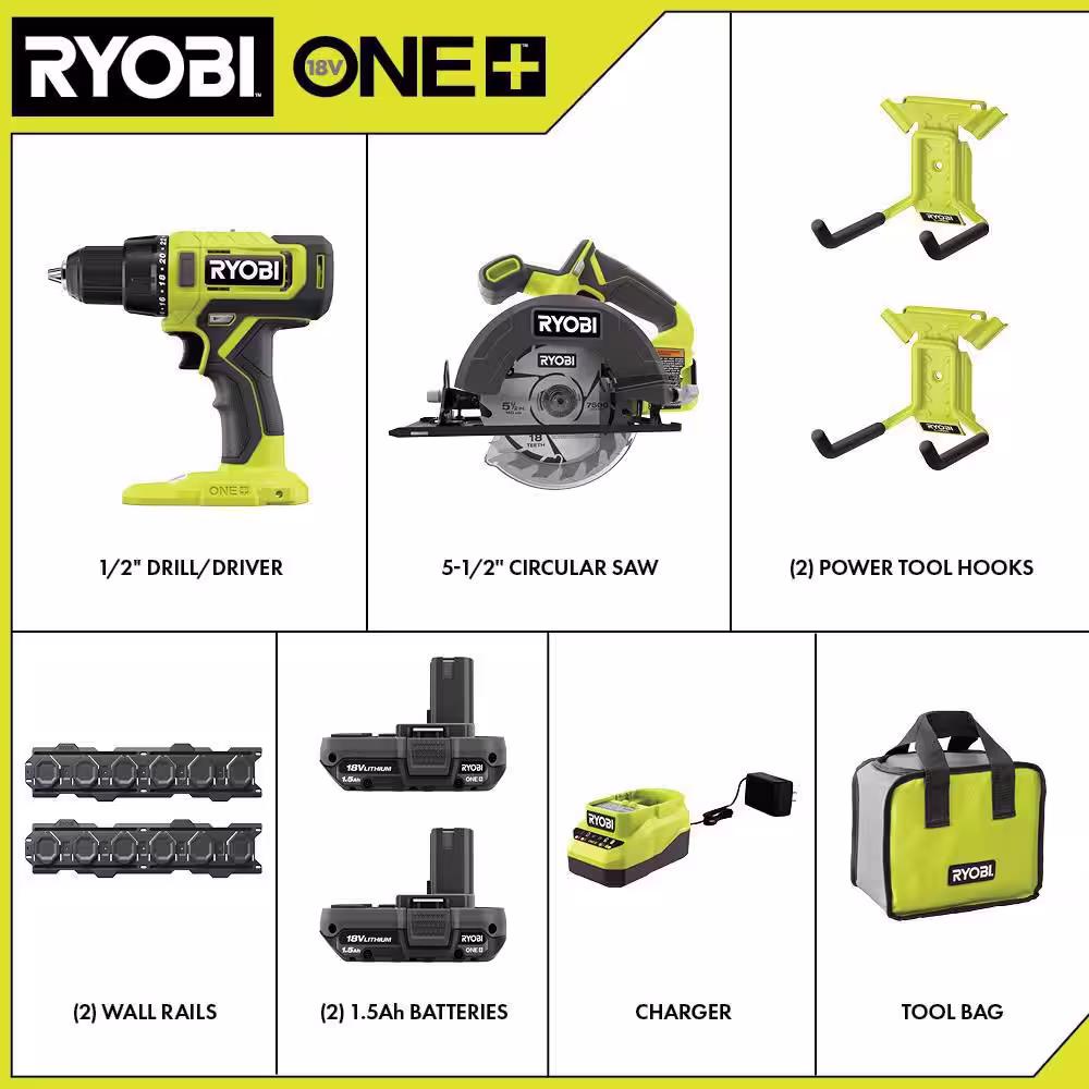 RYOBI ONE+ 18V Cordless 2-Tool Combo Kit with Drill/Driver, Circular Saw, (2) Batteries, Charger, LINK Wall Rails and 2 Hooks