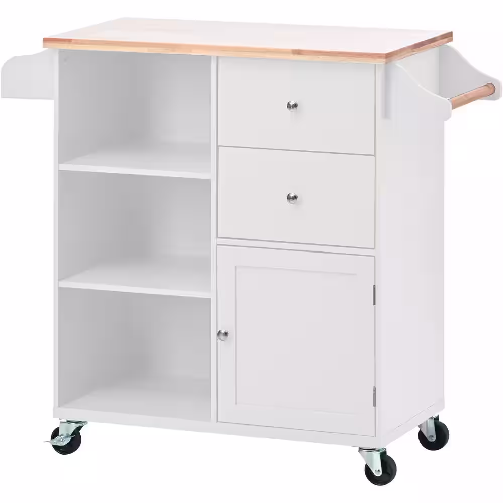 None Brown Solid Wood Top 41.34 in. White Kitchen Island Cart on 4-Wheels with 2-Drawers and 3-Open Shelves