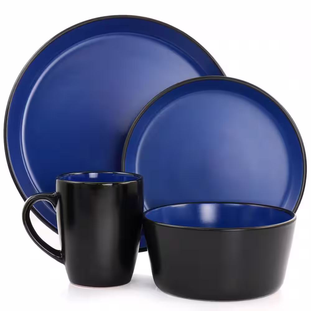 None Laramie Blue Stoneware 16 Piece Dinnerware Set in Blue and Black