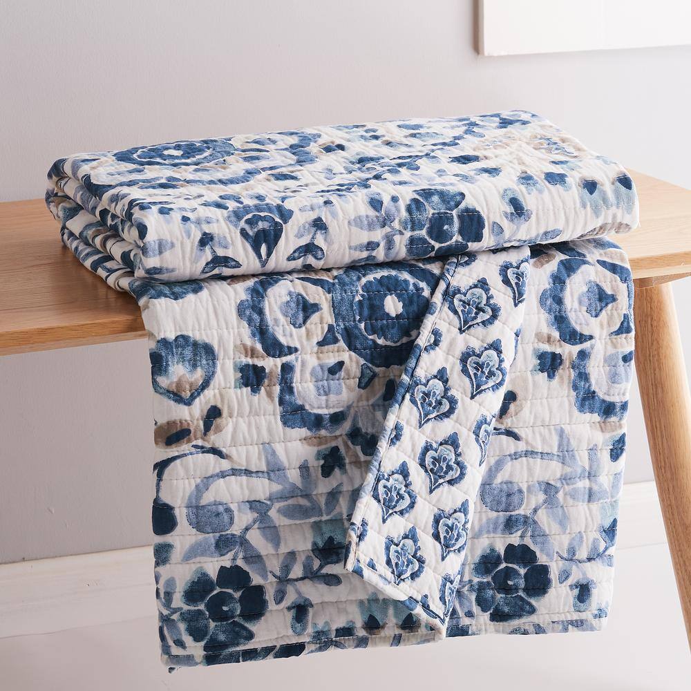 None Lorrance Blue Floral Quilted Cotton Throw Blanket