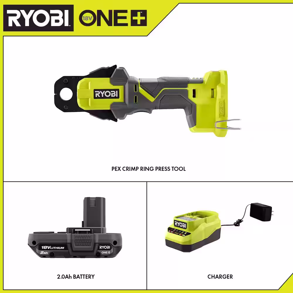 RYOBI ONE+ 18V Cordless PEX Crimp Ring Press Tool and 2.0 Ah Compact Battery and Charger Starter Kit