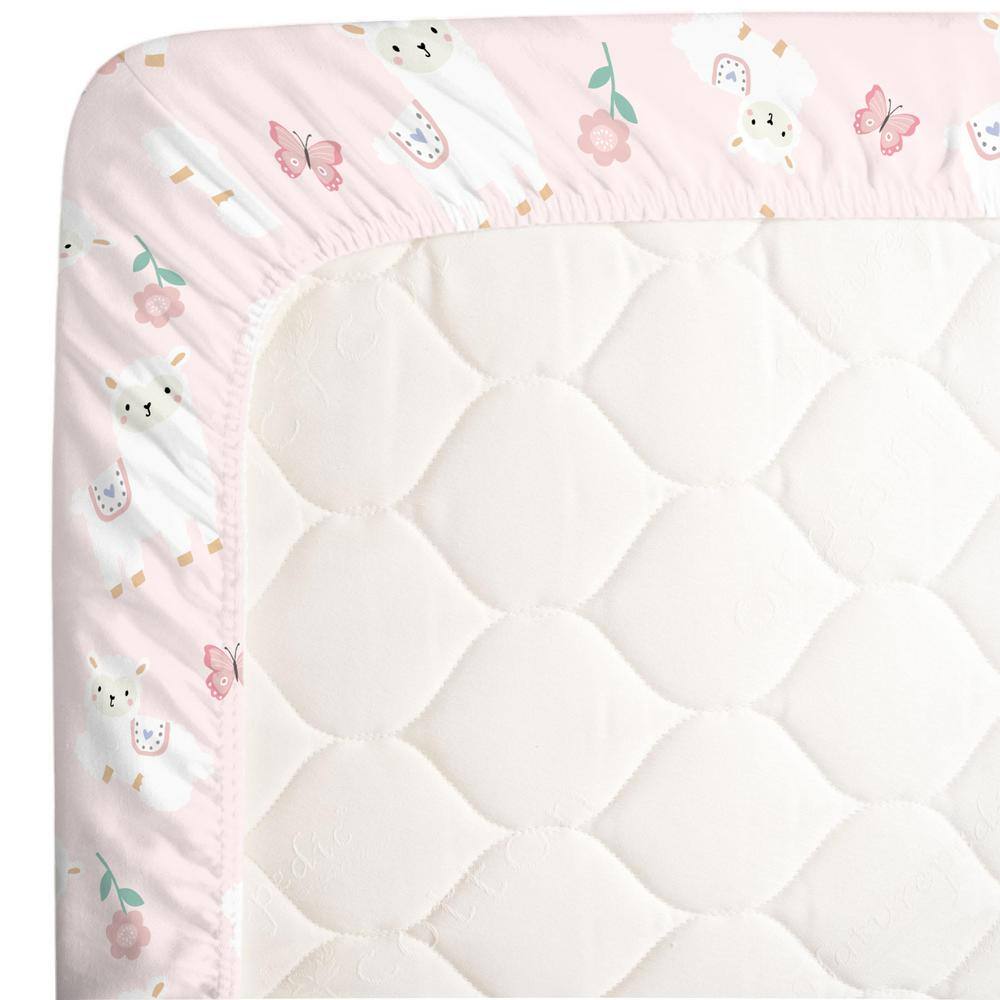 None Sweet Llama and Butterflies Floral Pink and White Super Soft Polyester Fitted Crib Sheet