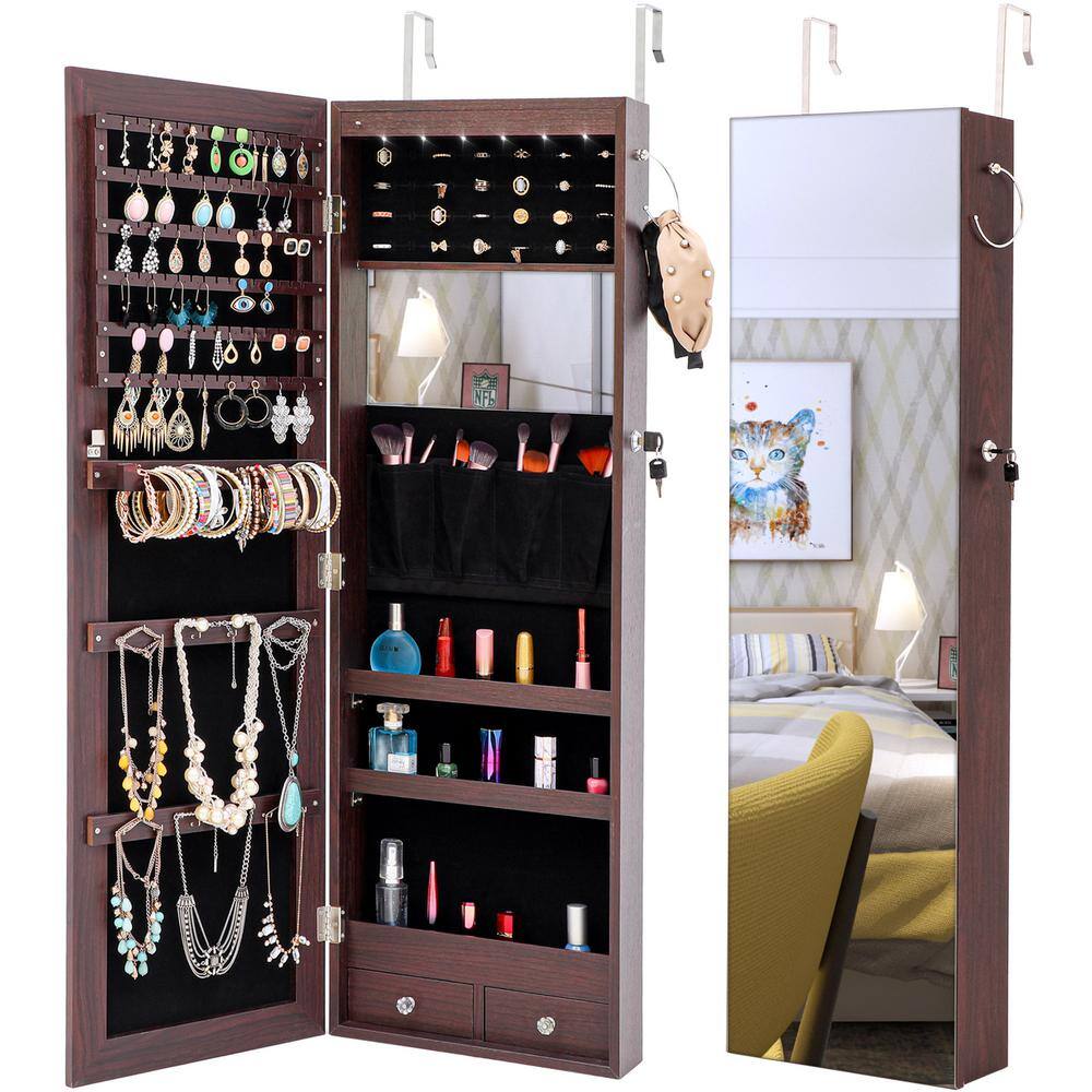 None Brown Fashion Jewelry Storage Mirror Cabinet with LED Lights