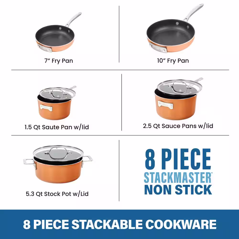 Gotham Steel StackMaster 8-Piece Aluminum Ultra-Nonstick Cast Textured Ceramic Coating Cookware Set