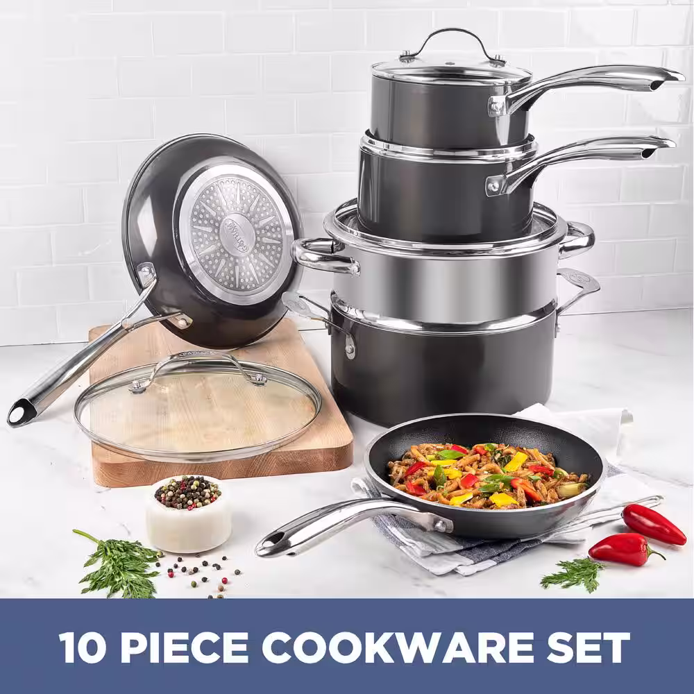 Gotham Steel 10-Piece Cast-Textured Aluminum Ti-Ceramic Nonstick Cookware Set in Platinum