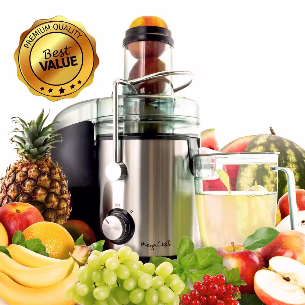 MegaChef Stainless Steel Chrome Wide Mouth Juice Extractor, Juice Machine with Dual Speed Centrifugal Juicer