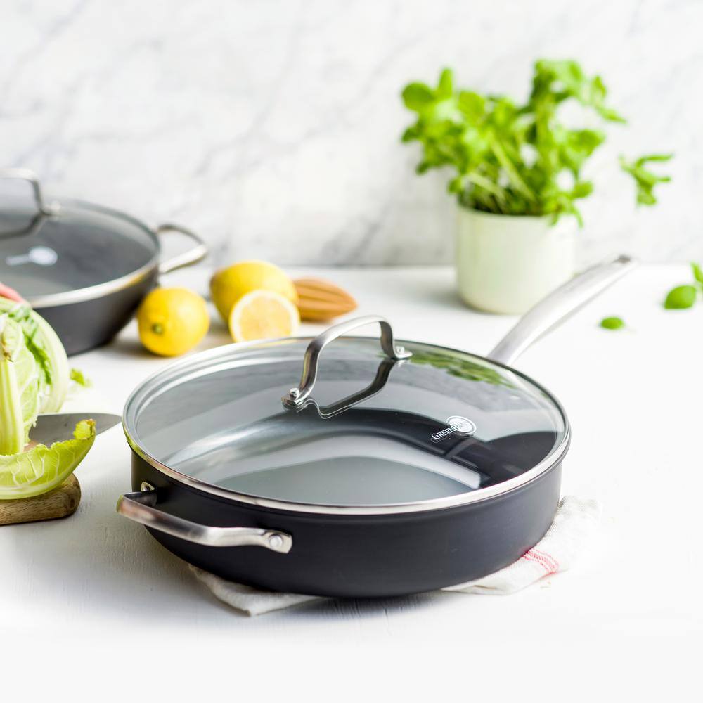 GreenPan Chatham 5 qt. Hard-Anodized Aluminum Ceramic Nonstick Saute Pan in Gray with Glass Lid