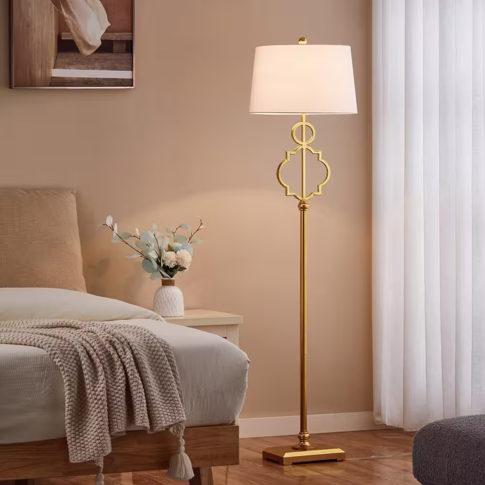 KAWOTI 62 .5 in. Distressed Gold Floor Lamp with White Fabric Shade