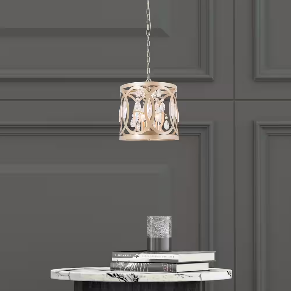 Maxax Lansing 3-Light Gold Lantern Drum Pendant With Crystal Accents
