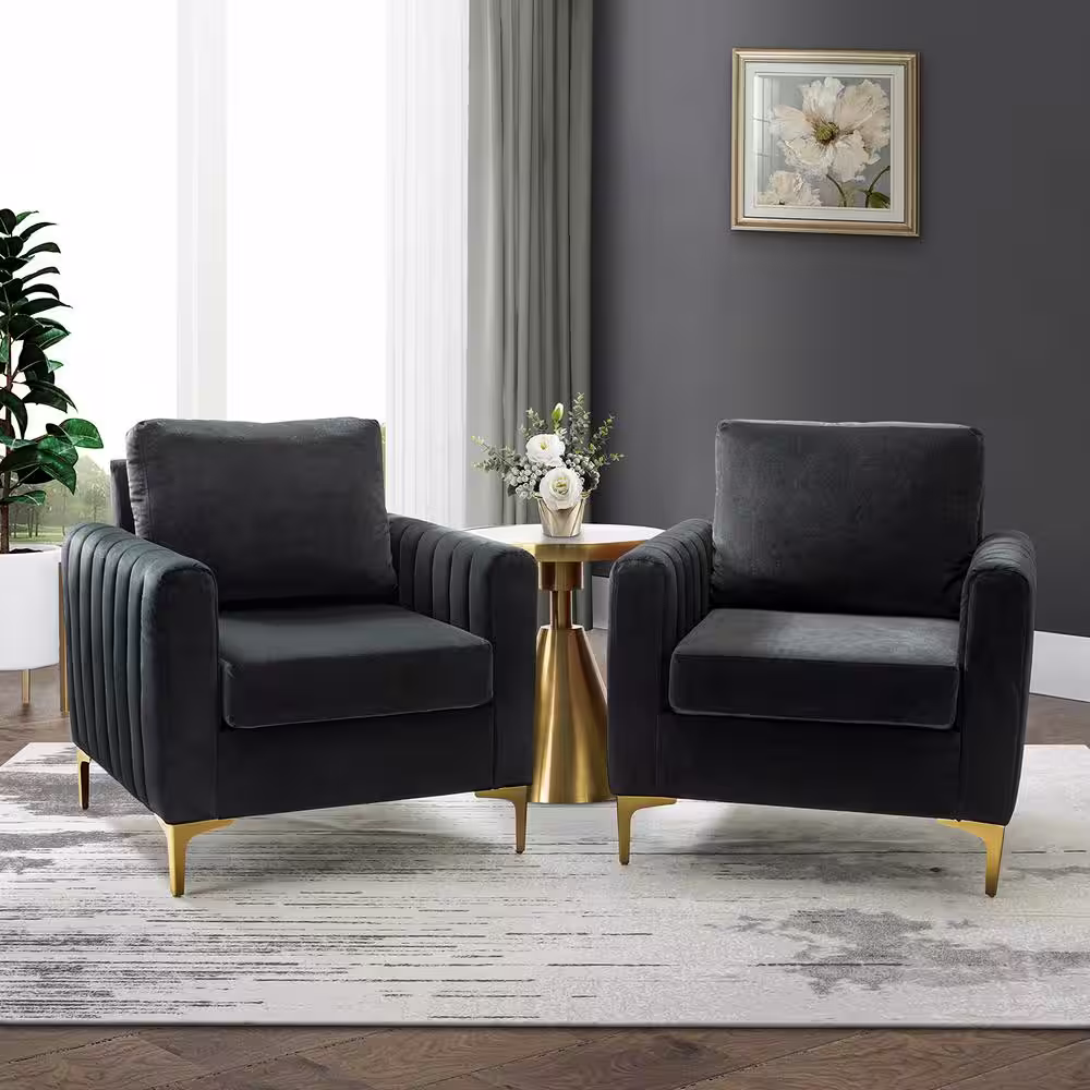 JAYDEN CREATION Ennomus Modern Black Velvet Cushion Back Club Chair with Golden Metal Legs and Track Arms (Set of 2)