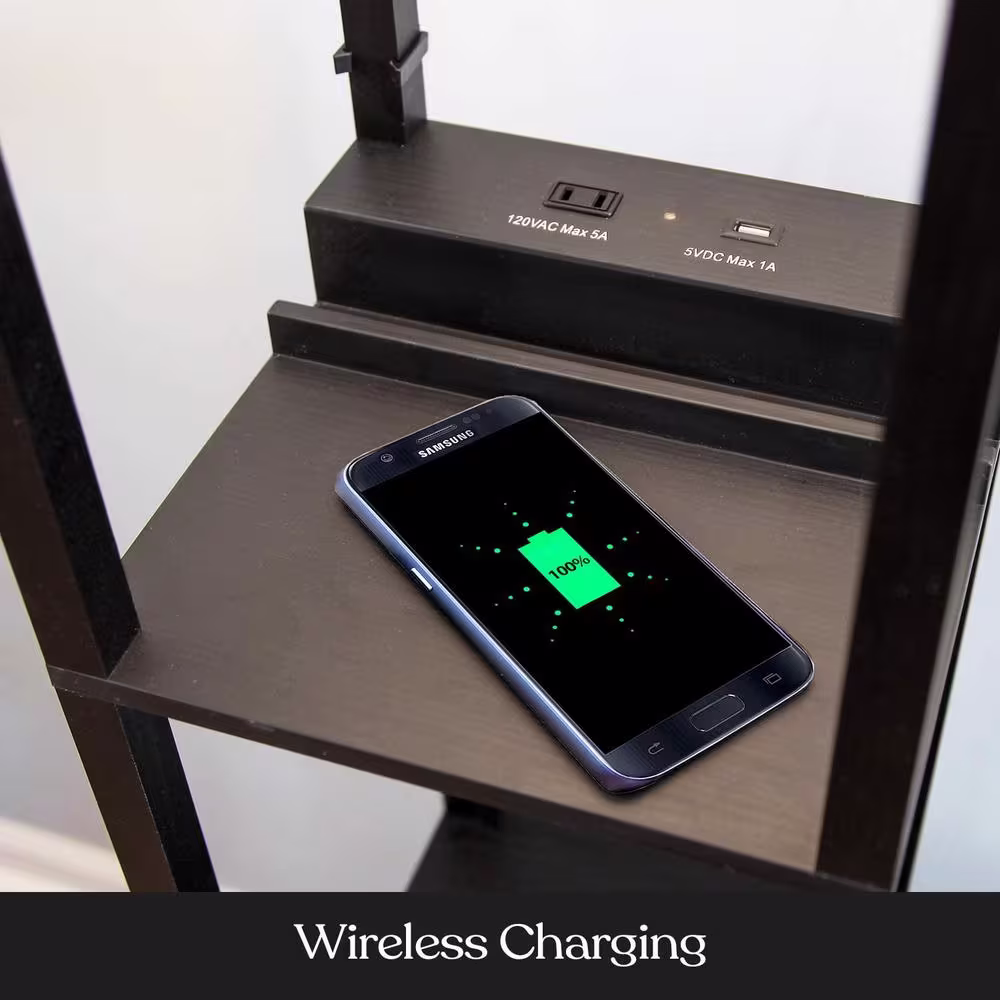 Brightech Maxwell 63 in. Black LED Skinny Shelf Column Floor Lamp with Wireless Charging USB Charging Ports and Outlet