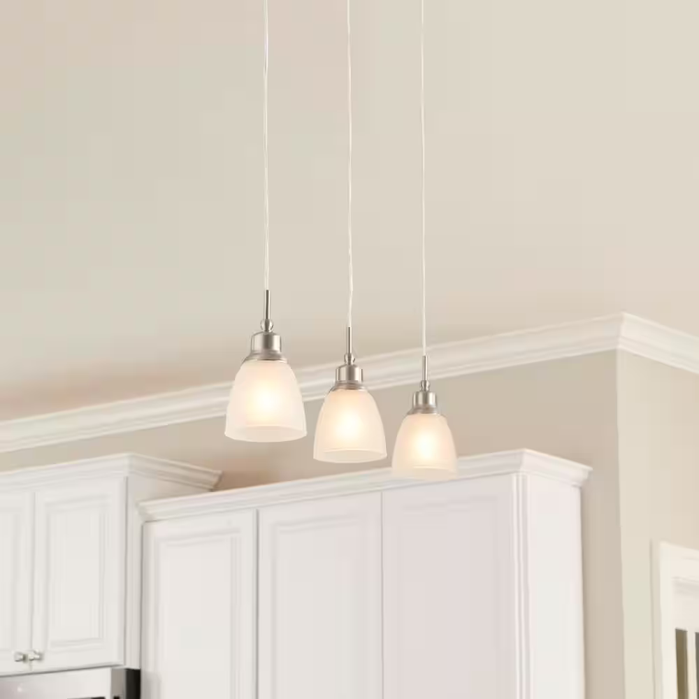 Hampton Bay Riverbrook 1-Light Brushed Nickel Mini Pendant with Frosted White Glass Shade (3-Pack)