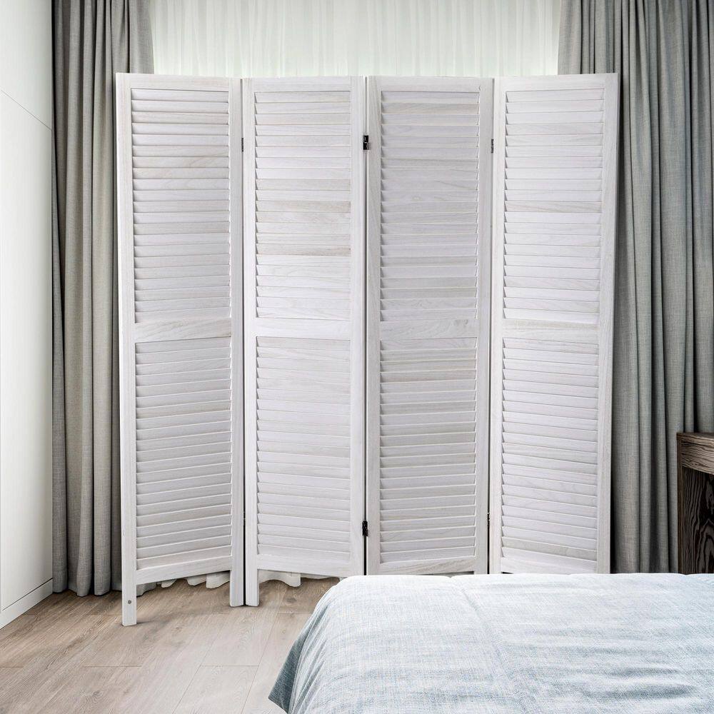 None Old white 4-Panel Sycamore Wood Panel Screen Folding Louvered Room Divider
