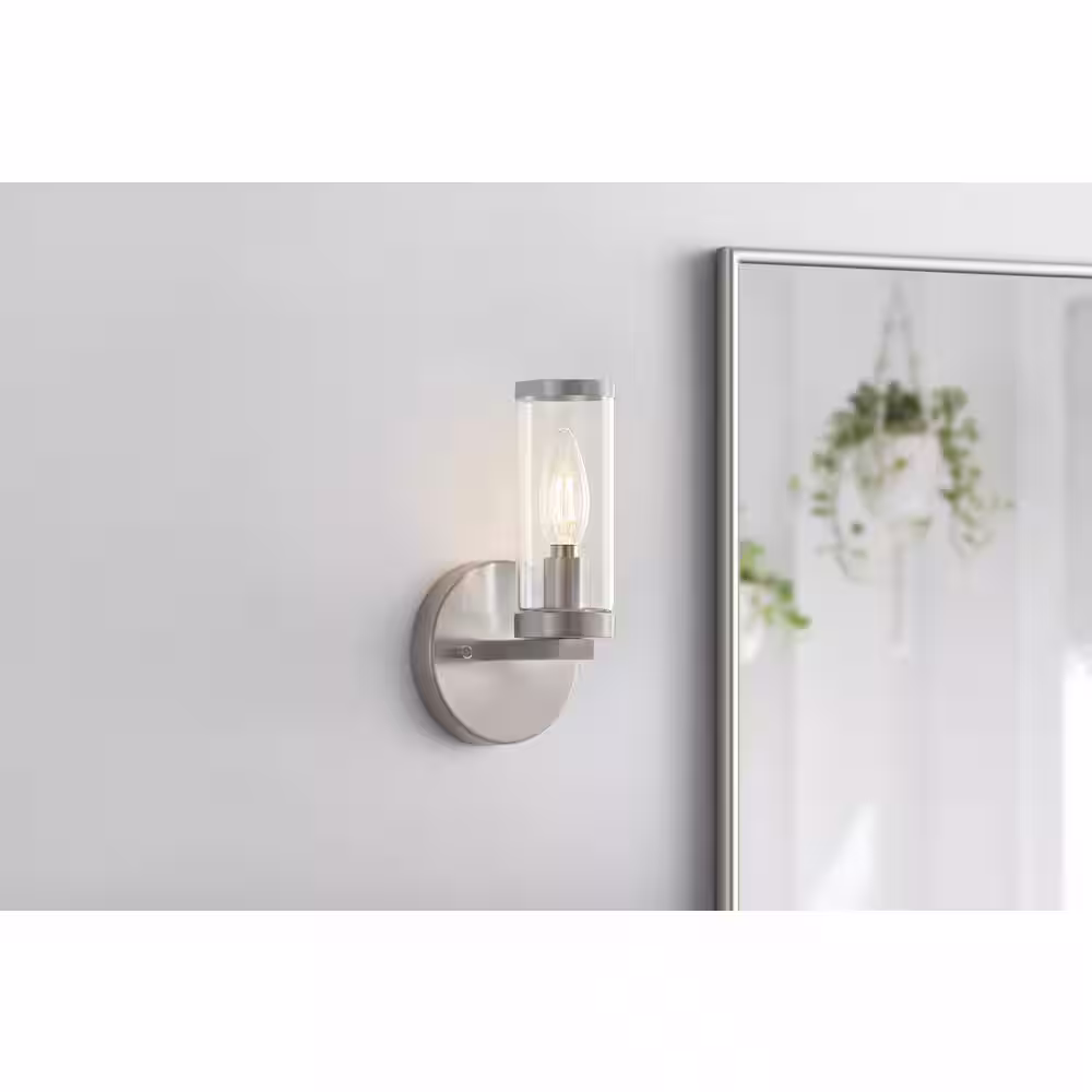 Hampton Bay Loveland 1-Light Brushed Nickel Indoor Wall Sconce Light Fixture with Clear Glass Shade