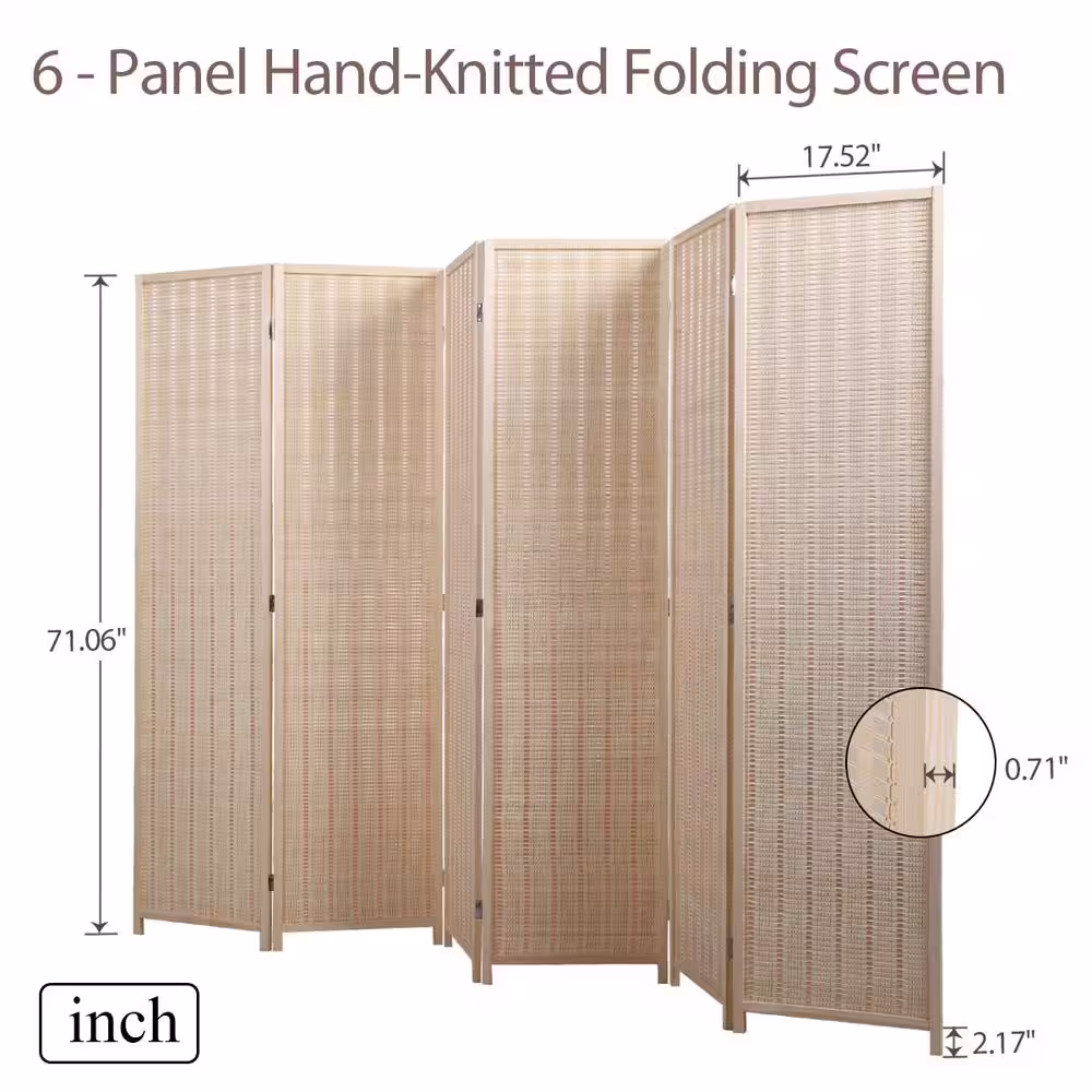 Kahomvis 5.92 ft. Natural 6-Panel Bamboo Room Divider, Private Folding Portable Partition Screen for Home Office