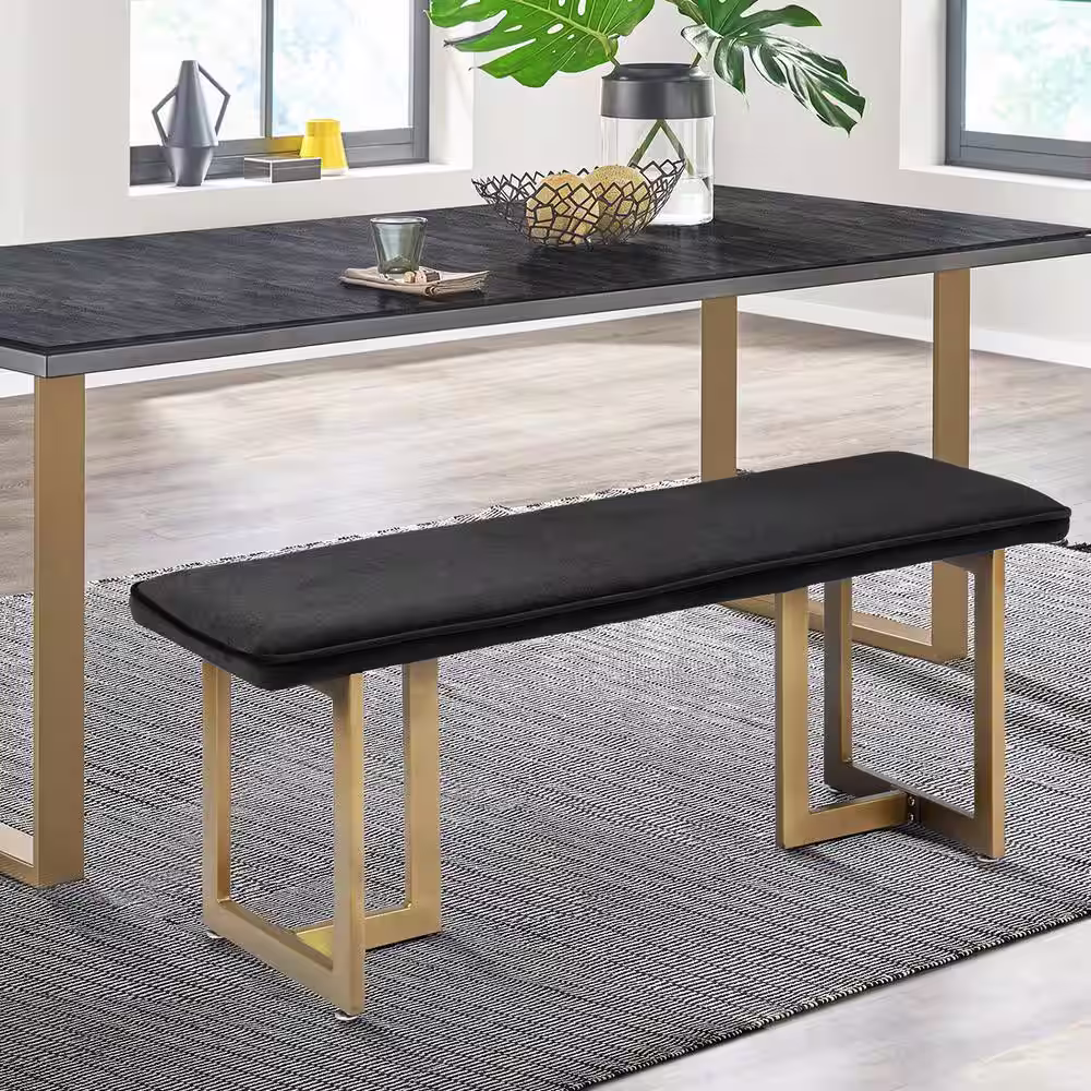 Homy Casa Slip Black Fabric Gold Legs Bench 18.5 in. H x 44.5 in. W x 15 in. D