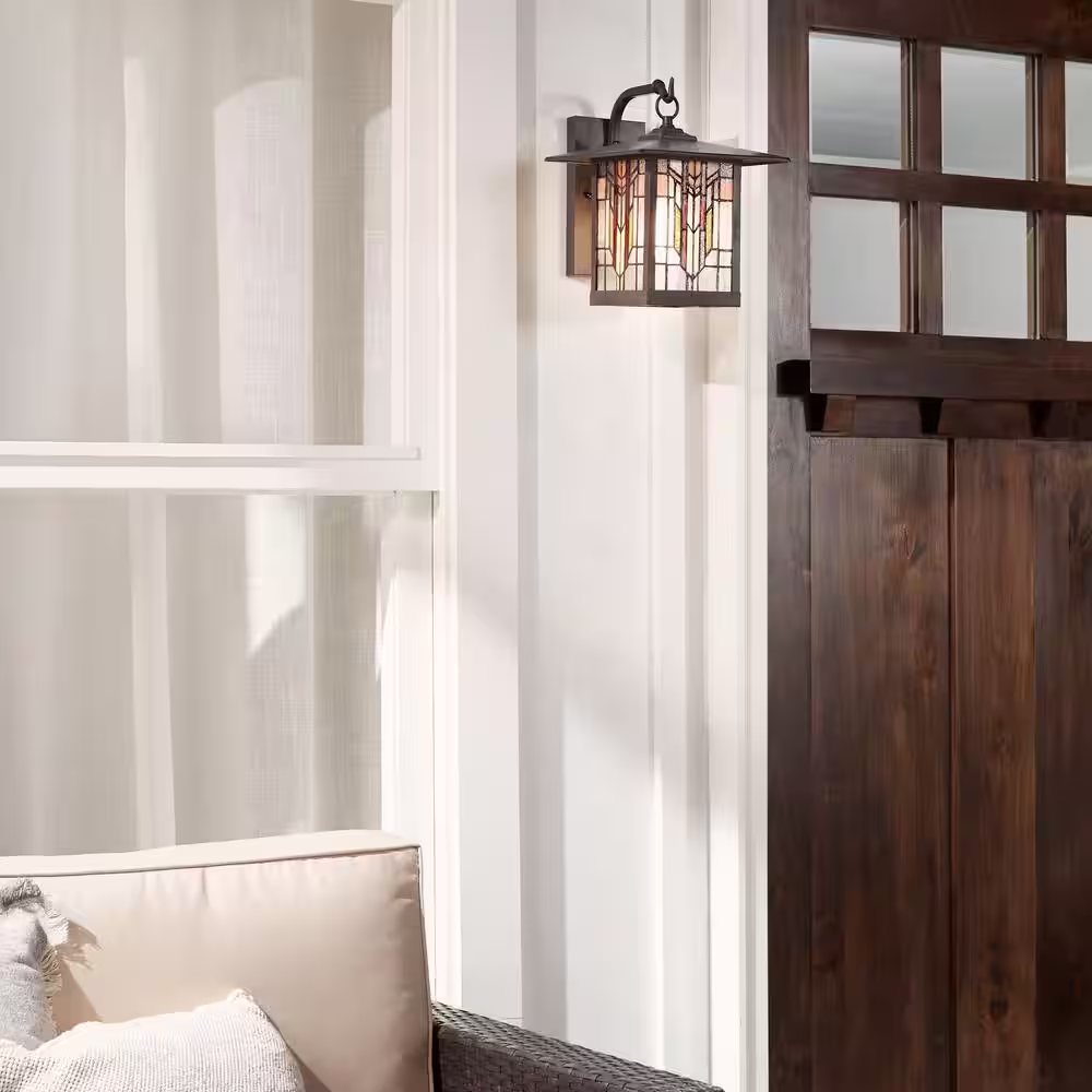 River of Goods Roman 1-Light Oil Rubbed Bronze Outdoor Stained Glass Wall Lantern Sconce