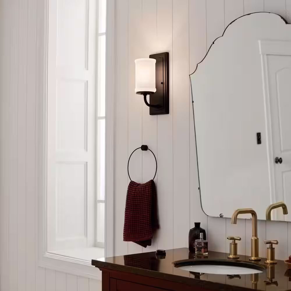 KICHLER Vetivene 1-Light Textured Black Bathroom Wall Sconce Light with Opal Glass