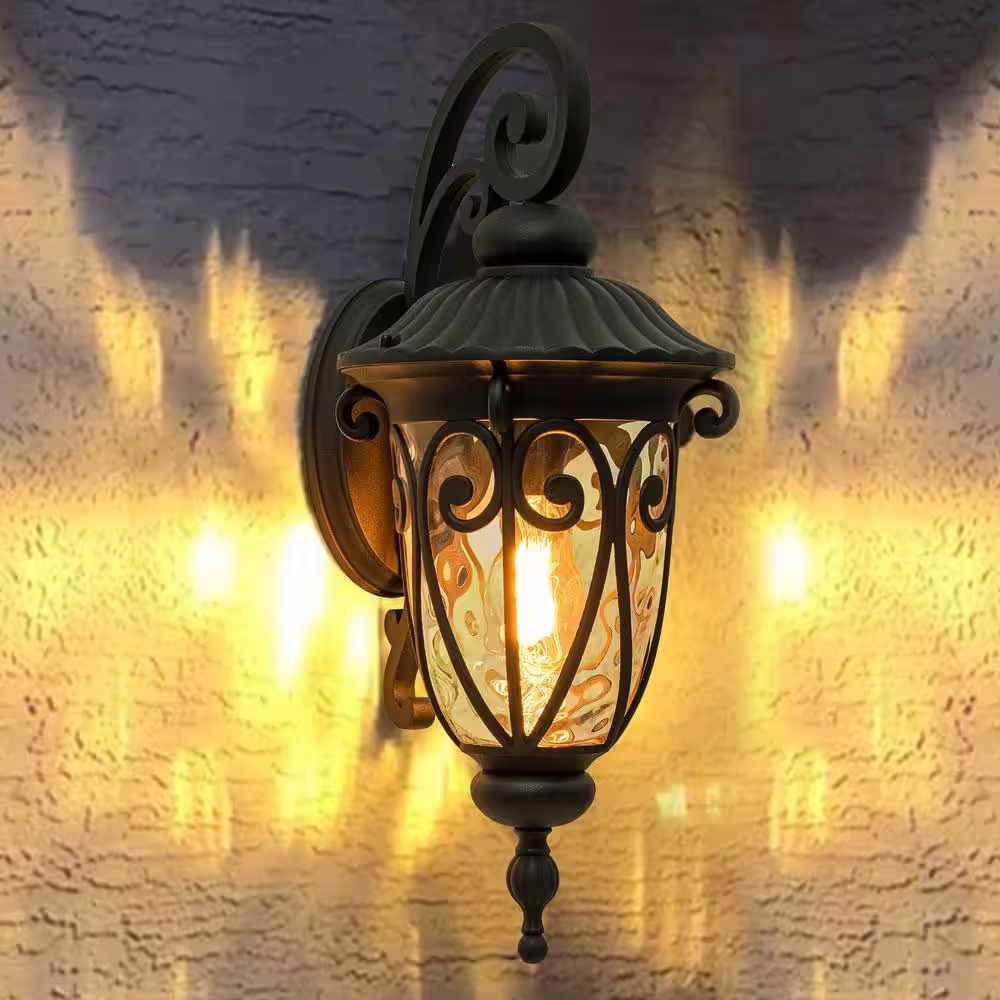 None 1-Light Matte Black Aluminum Outdoor Hardwired Wall Lantern Sconce with Clear Water Glass
