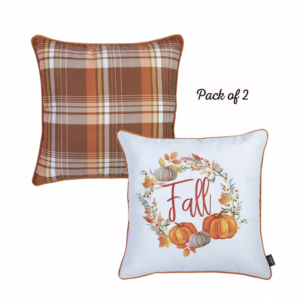 None Fall Decorative Throw Pillow Plaid & Pumpkins 18 in. x 18 in. Yellow & Orange Square Thanksgiving for Couch Set of 2