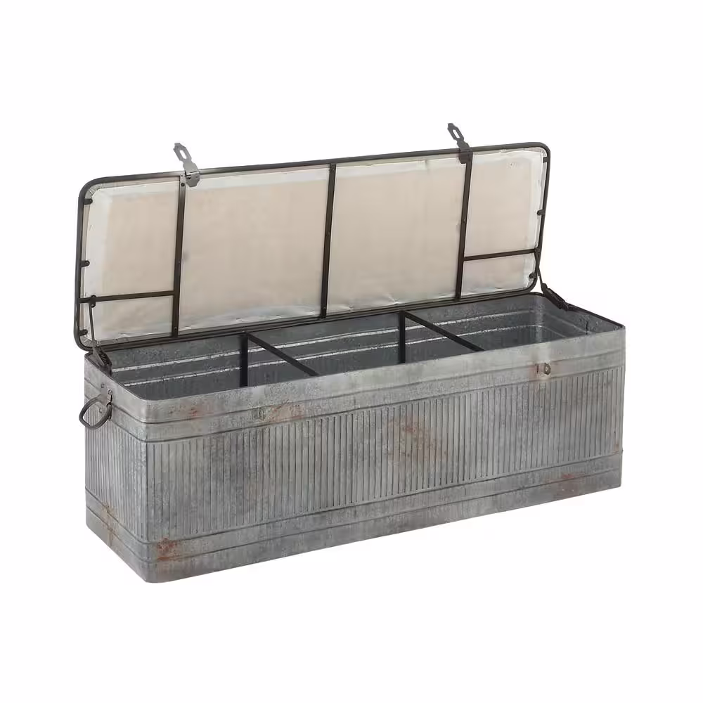 Litton Lane Gray Galvanized Storage Bench with Cream Burlap Top 18 in. X 50 in. X 16 in.