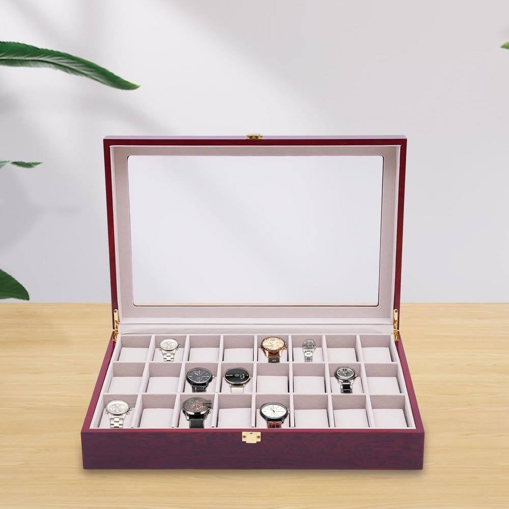 None Claret 24 Slots Watch Box Glass Top Display Organizer Jewelry Storage Boxes Holder