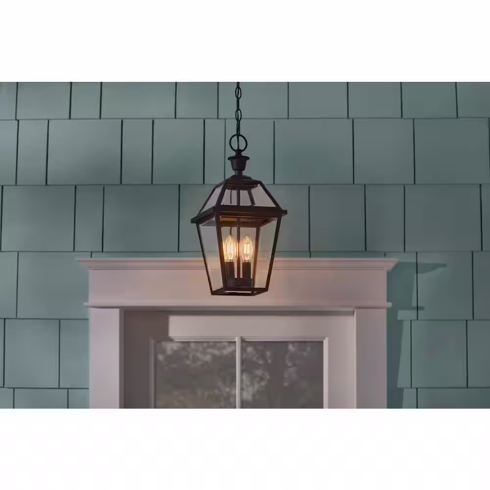 Home Decorators Collection Glenneyre 8-5/8 in. W 2-Light Matte Black French Quarter Gas Style Outdoor Hanging Pendant Light with Clear Glass