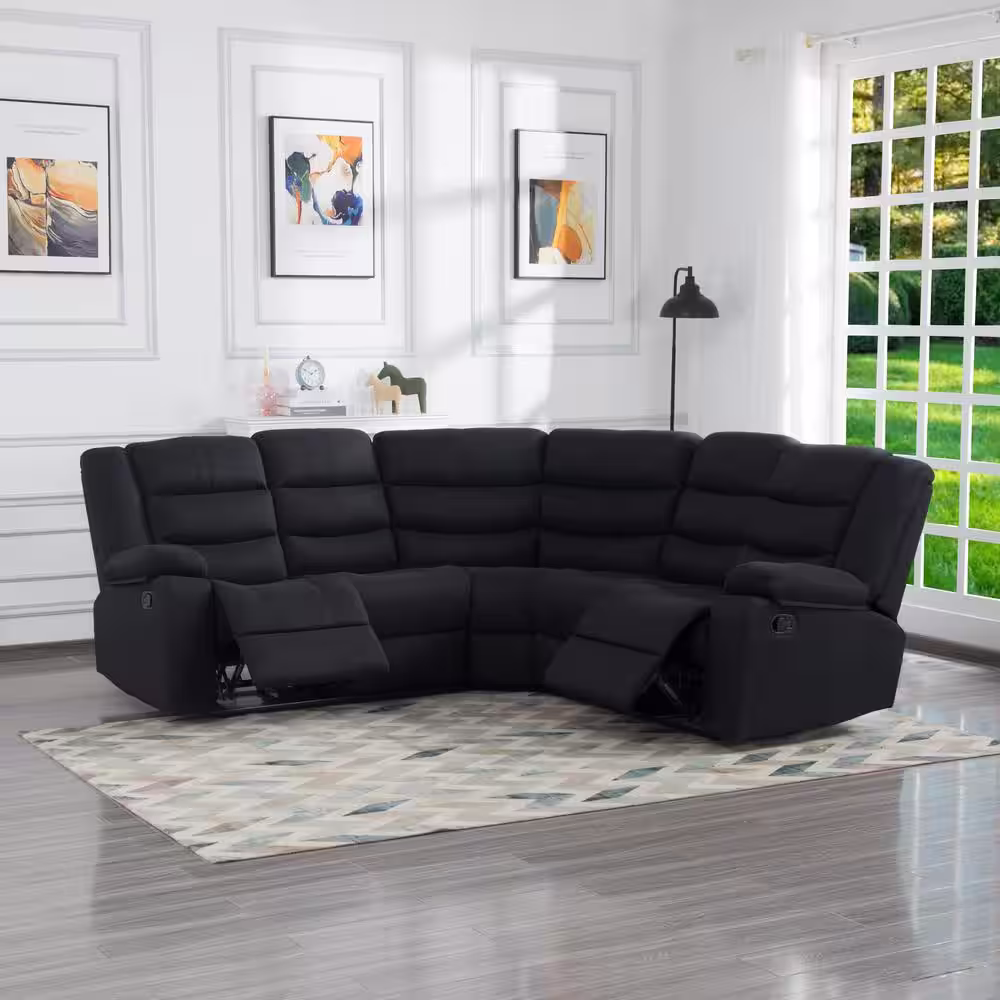Unbranded 126 in. W 3-Pieces Polyester Sectional Sofa With Reclining Chair and 4-Cup Holders for Living Room Furniture in Black