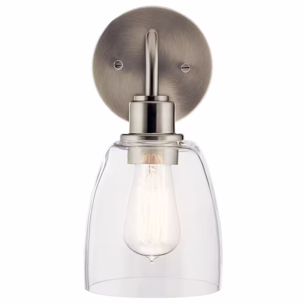 KICHLER Meller 11.25 in. 1-Light Brushed Nickel Bathroom Indoor Wall Sconce Light with Clear Glass