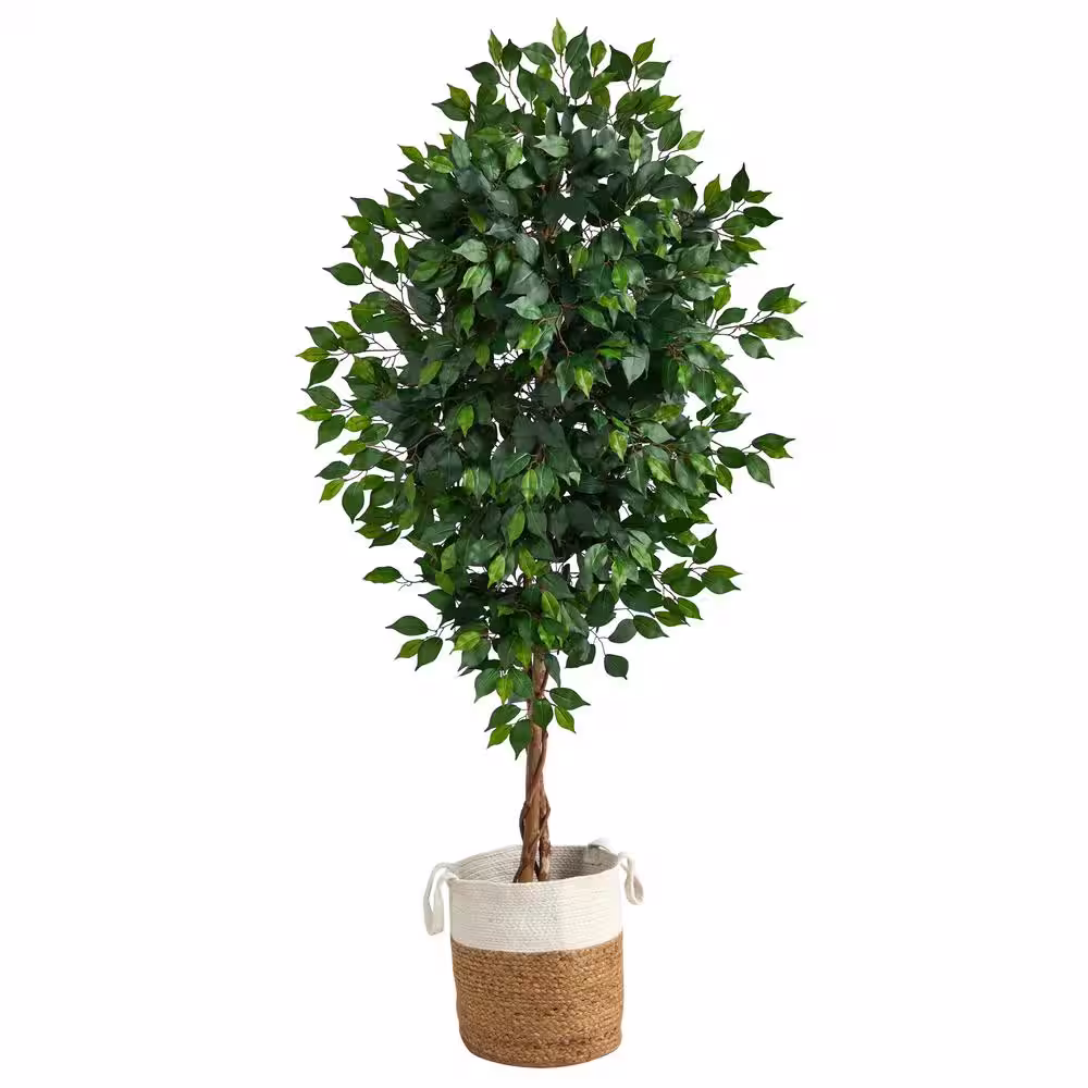 Nearly Natural 6 ft. Green Ficus Artificial Tree with Natural Trunk in Handmade Natural Jute and Cotton Planter