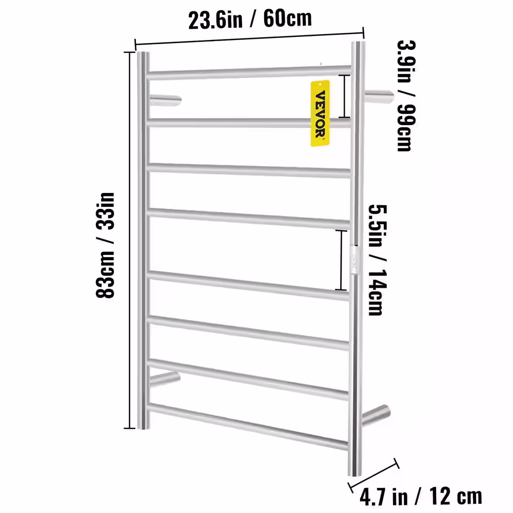 VEVOR Towel Warmer Rack 8-Bar Heated Towel Rack with Timer Electric Towel Drying Rack 23.6 x 33 in. Heated Towel Warmer