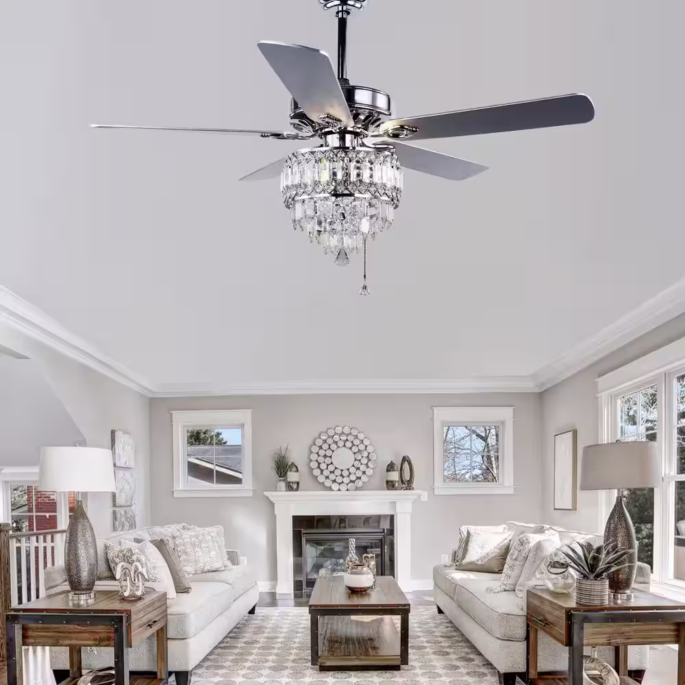 Oaks Aura Cerello 52 in. Indoor Chrome Glam Crystal Shade Chandelier, 5 Reversible Blades Included Ceiling Fan