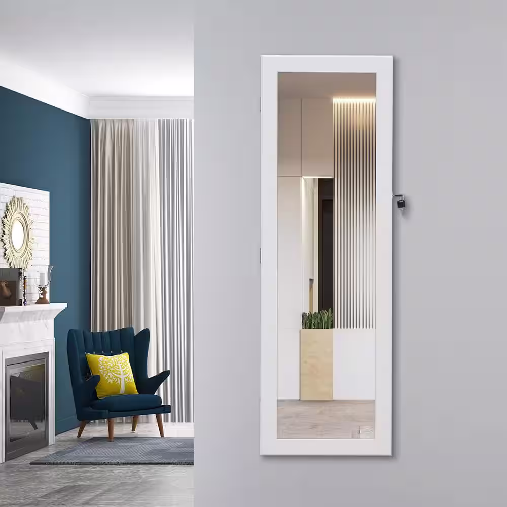 None White Fashion Simple Jewelry Storage Mirror Cabinet With LED Lights Can Be Hung On The Door Or Wall